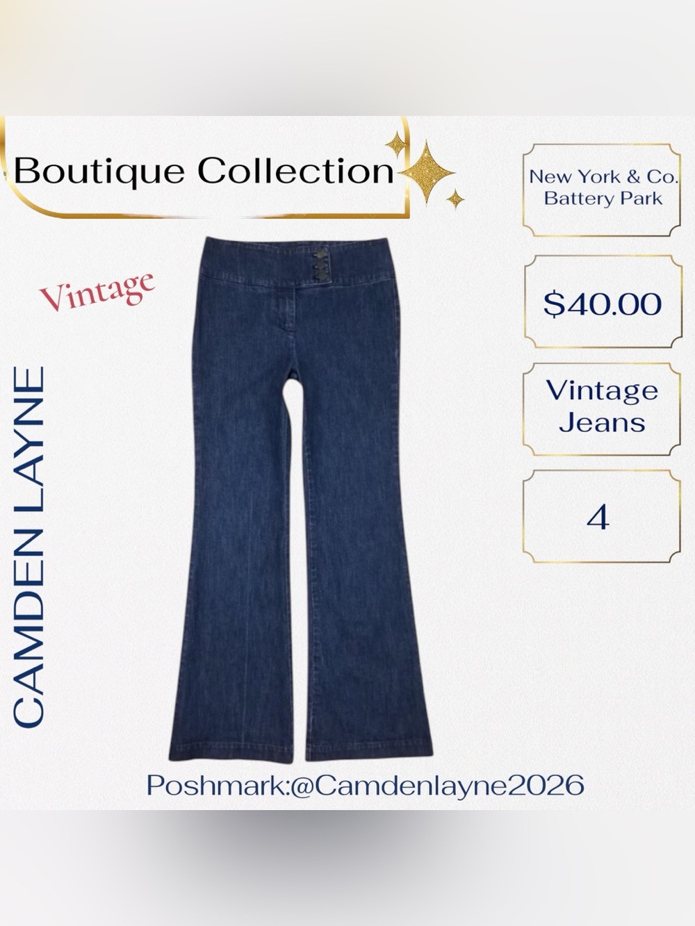 New York & Company Vintage Battery Park Button Dark Blue Flared Jeans - Picture 2 of 8